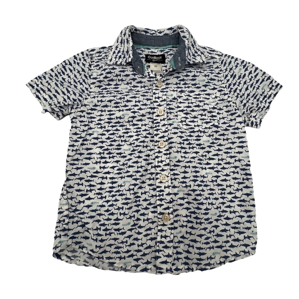 OshKosh B'Gosh Blue Shark Button Up Collared Short Sleeve Shirt Size 3T Boys